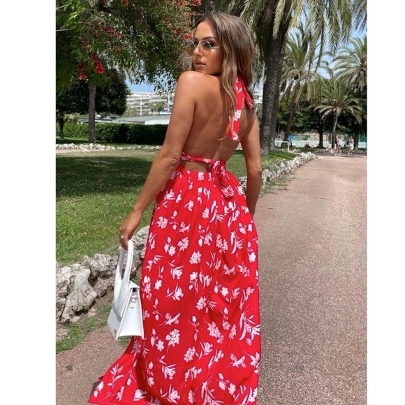 Red Floral Print Sleeveless V-Neck Halter Neck Backless Cutout Slit Maxi Dress - Picture 6 of 16